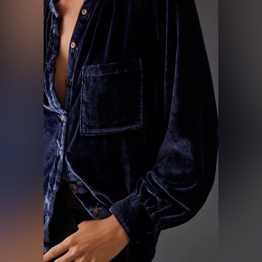 Maeve Navy Velvet Button Front Tunic Shirt Size 14 - Picture 2 of 4